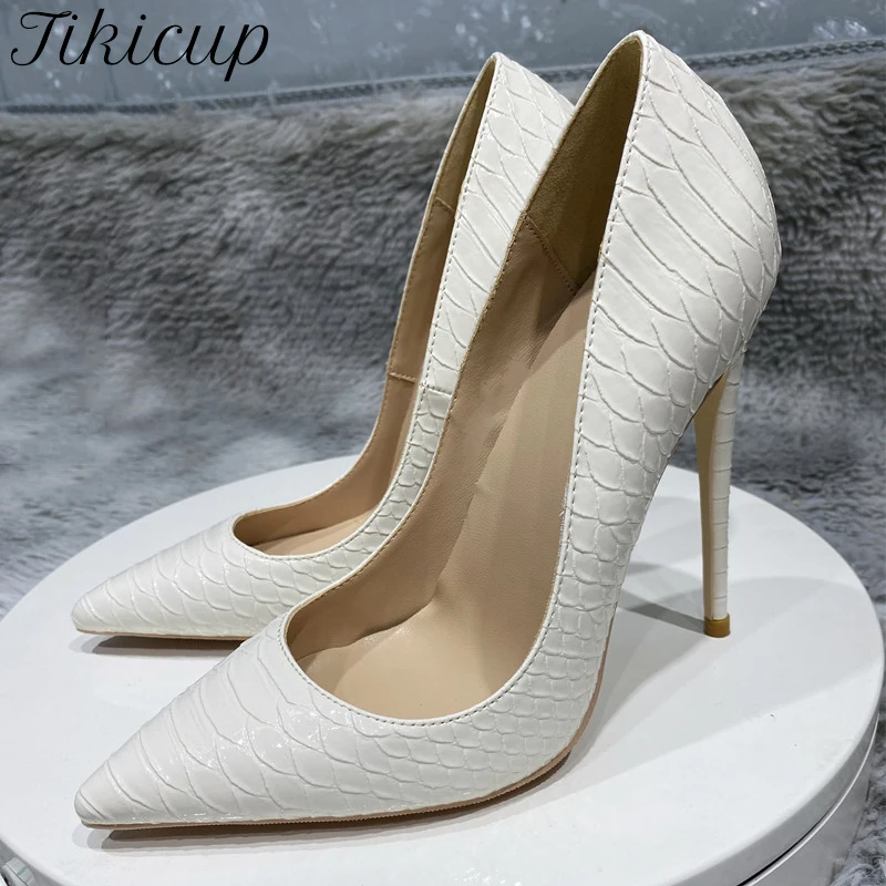 

Tikicup White Crocodile Effect Embossed Pattern Women Pointy Toe High Heel Shoes 8cm 10cm 12cm Slip On Sexy Stiletto Pumps