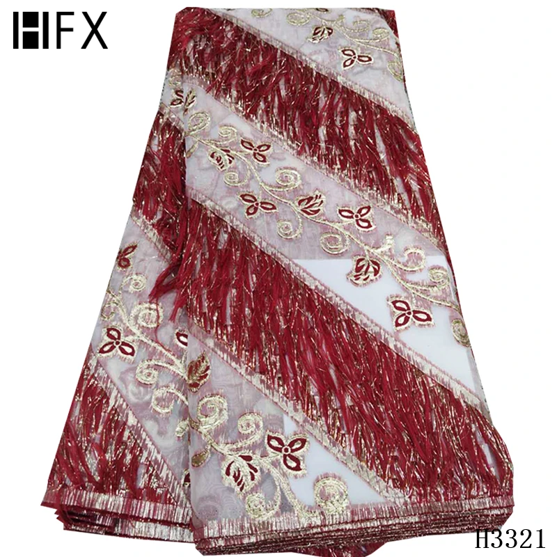 

HFX french lace fabric with feather Jacquard tulle lace latest african lace 2020 African brocade sequin lace fabric dress H3321