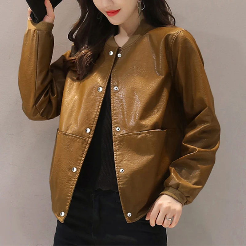 

FTLZZ New Spring Autumn Women High Street Solid Color Long Sleeve PU Jacket Casual O-neck Single Breasted Faux Leather Jacket