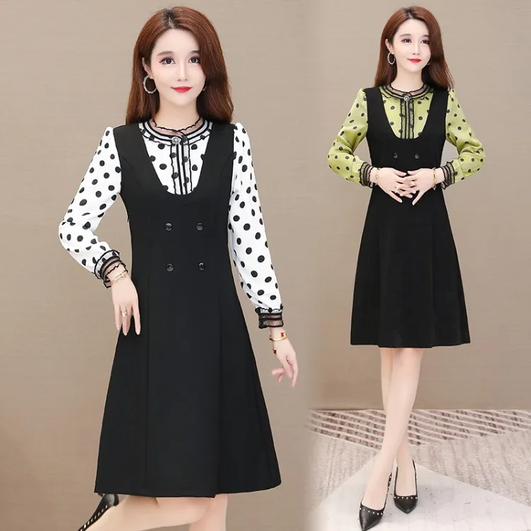 

Small temperament large size fake two-piece dress female spring/summer 2021 new foreign style slim belly bottom dress