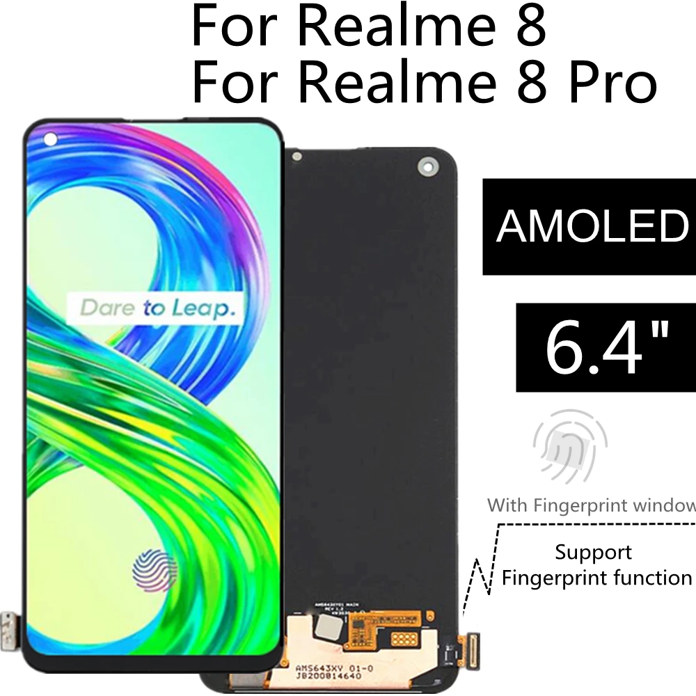 ЖК-дисплей 6,40 дюйма AMOLEDFor Realme 8 RMX3085, сенсорный экран в сборе, замена для Realme 8 Pro RMX3081, ЖК-дисплей