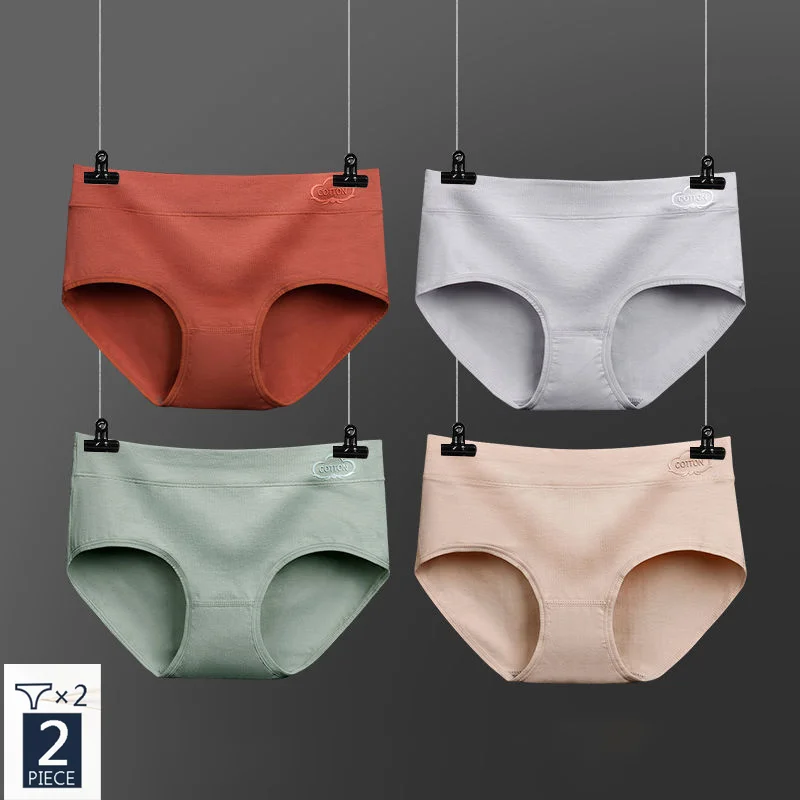 

2PCS/Set Ladies Underwear Cotton Briefs Pure Color Breathable Women's Panties Plus Size Female Lingerie