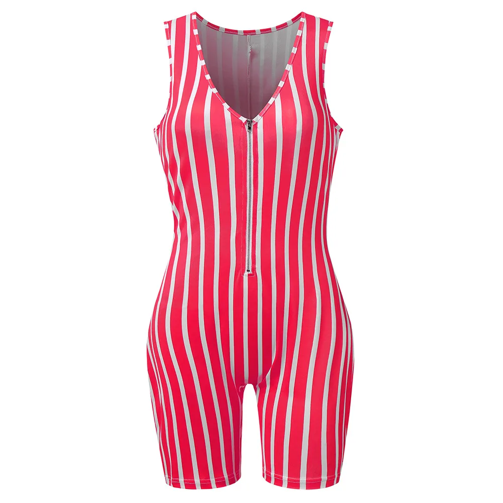 

Womens Sexy V-neck Sleeveless Bodycon Jumpsuit 2020 Casual Striped Print Zipper Romper Sleepwear Party Jumpsuits Shorts Rompers
