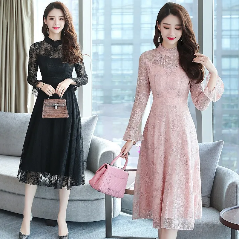 

fashion vestidos de festa party winter autumn dress women black elegant lace modis midi korean casual pink office robe Dresses