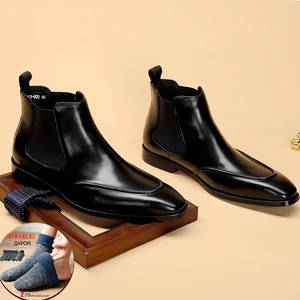 Мужские зимние ботинки челси из натуральной коровьей кожи, ботинки, броги, повседневная обувь на плоской подошве, удобные качественные классические ботинки без шнуровки, 2020