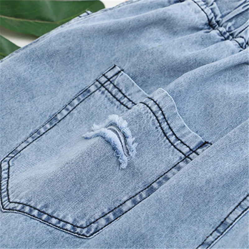 

Plus Size Jeans For Women Cotton Denim Elastic Waist Minimalism Thin Hole Design Wide-Legged Pants Large Size Girls In Summer