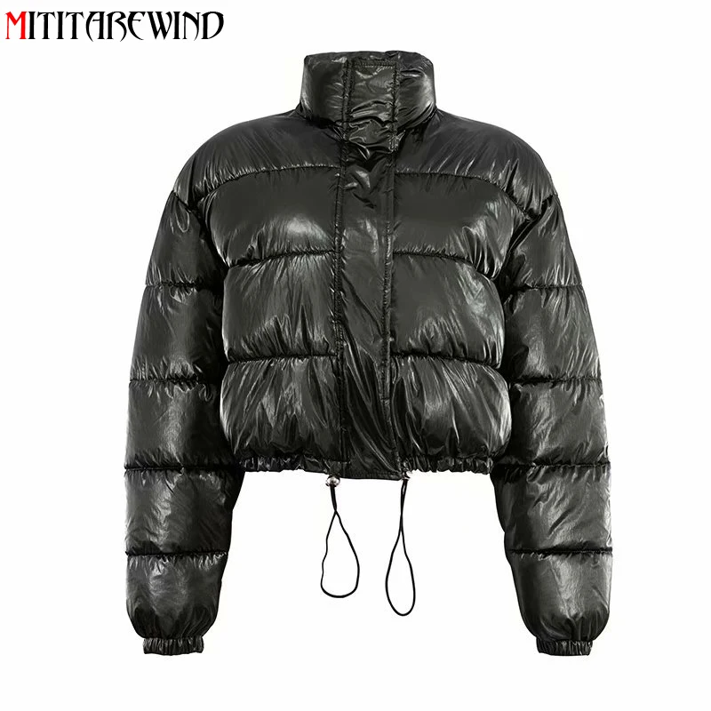 

Autumn Winter Padded Jacket Women Thick Warm Shiny Parkas Coat Drawstring Stand Collar Loose Short Puffer Jacket Chaqueta Mujer