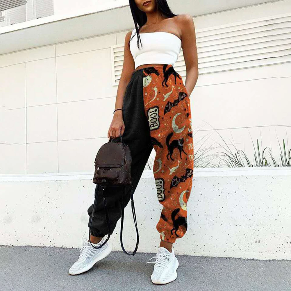 

Women Loose Fitness Track Pants Colorblock Halloween Print Graffiti Drawstring Casual Pants TY66