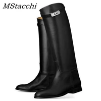 mstacchi sexy women motorcycle booties belt strap metal shark lock flat heel knee high boots woman genuine leather botas mujer