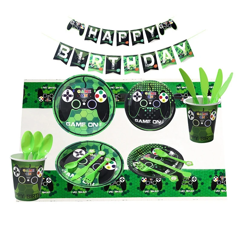 

114 PCS Video Game Party Supplies-Gamer Birthday Party Supplies Including Plates,Cups,Napkins and Happy Birthday Banner