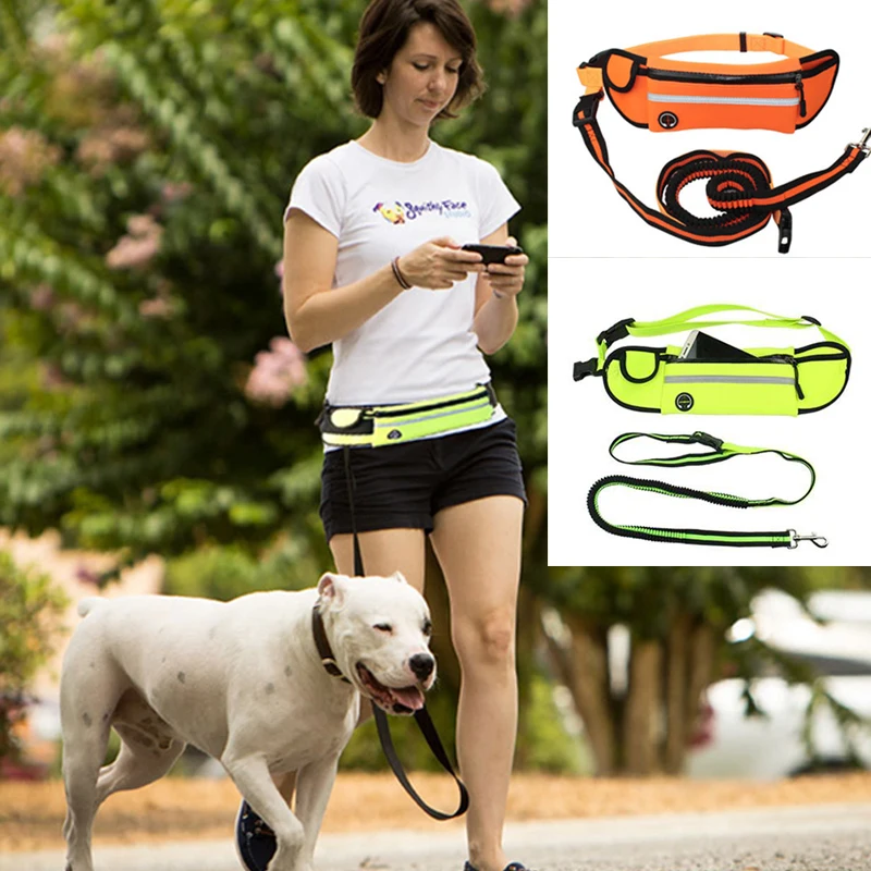 

Поводок для собак, ремень для бега, эластичный, Светоотражающий поводок, Регулируемая Талия, тренировочная сумка для домашних животных с по...