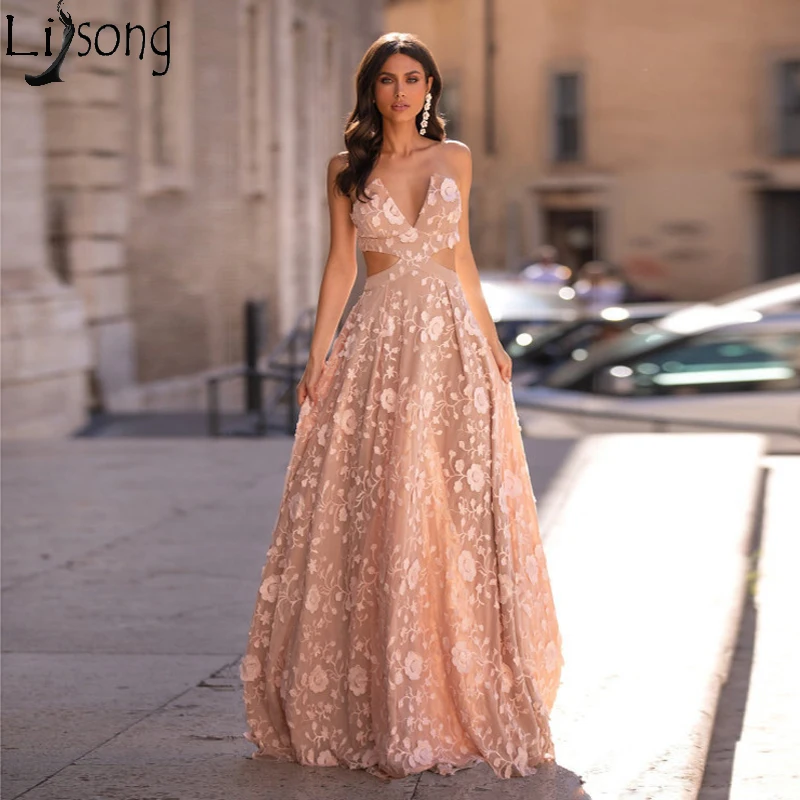 

Elegant Lace Flowers Long Evening Dress Sexy V Neck Floor Length Formal Prom Dresses A Line Party Gowns Plus Size Custom Made