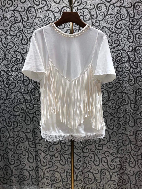 

Neckline beaded stitching trim sling tassels Neckline bead stitching trim sling tassels fake two-piece top 420