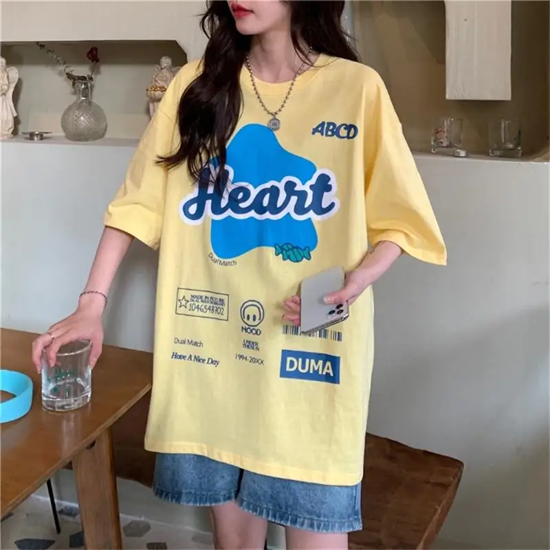 

Женская футболка в Корейском стиле Харадзюку, свободная и Милая футболка с буквенным принтом, женские футболки, топы в японском стиле Kawaii, Ж...