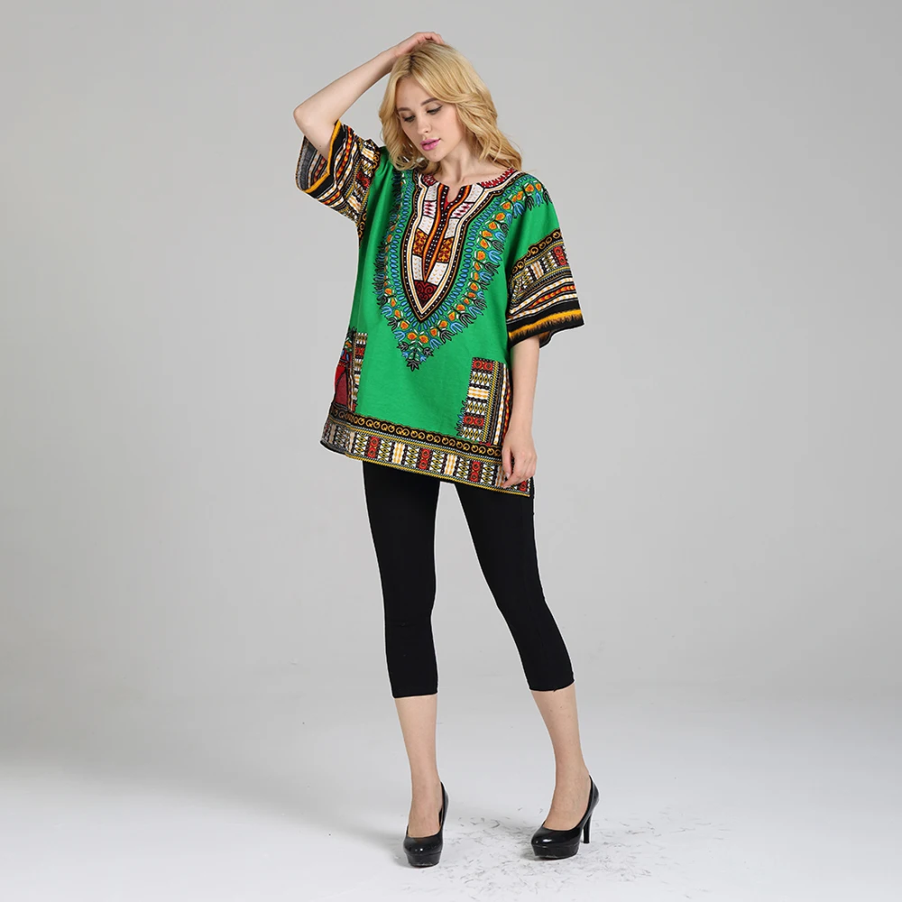 

Green dashiki print clothing african dresses for women cotton t-shirt
