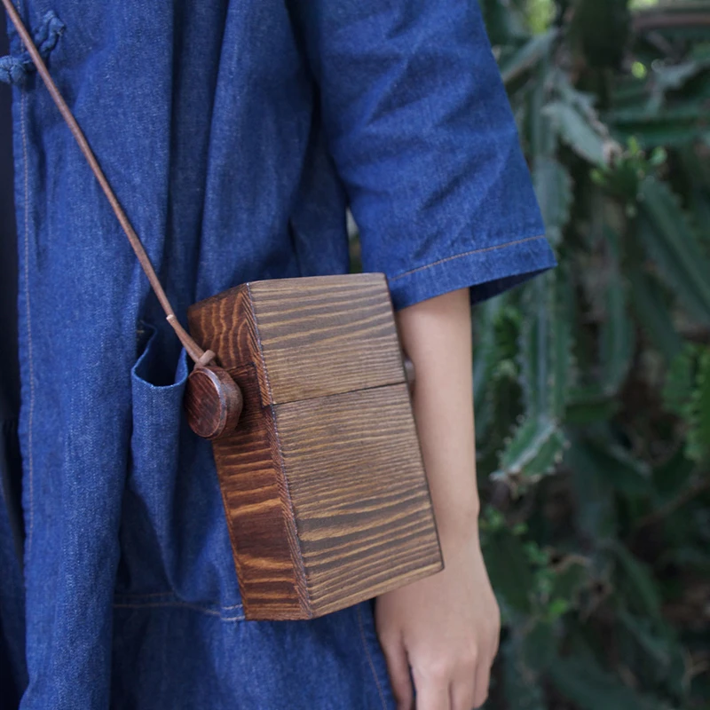 

Original design women retro handmade wooden mini brown case cowhide rope one-shoulder messenger small bag lady handbag