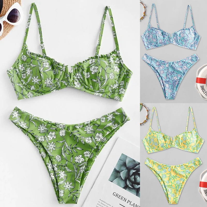 Floral Print Swimwear Vintage Retro Swimsuit Sexy Underwire Bikini Push Up Summer High Cut Backless V Neck Biqiuni Lady | Женская одежда
