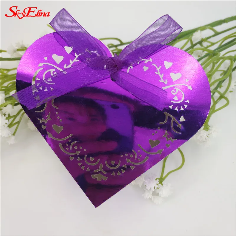 Bright Purple 50 шт. подарок в форме сердца коробки детский душ день рождения коробка конфет лазерная резка Подарочная сумка для детей партия коробка для свадебных сувениров 8Z - Цвет: Bright Purple