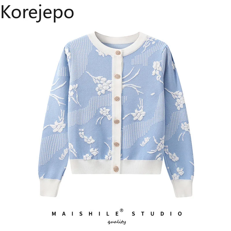 

Korejepo Women Sweater 2021 Autumn Winter New Style Sweet Embroidered Flowers O-neck Cardigan Slim Fashionable Korean Jacket Top