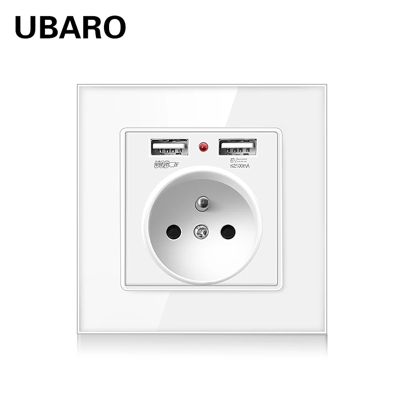 

UBARO French Standard 86*86mm Ac100-250V 16A Crystal Glass Panel USB 5V 2A Socket Electrical Outlet Power Wall Plug Prise Usb