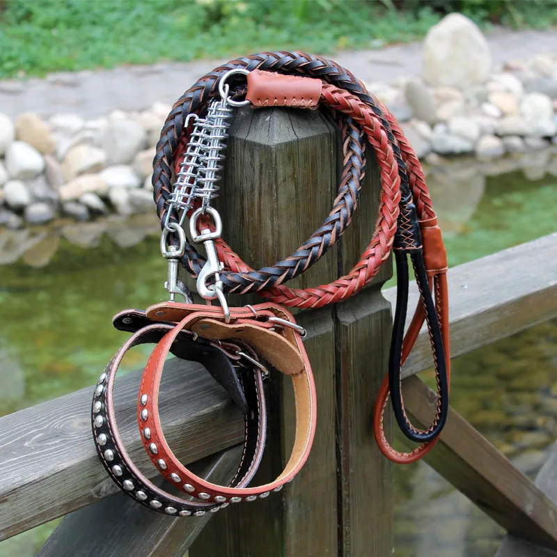 

1.2M Dog Leash and Collar Set Cowhide Genuine Leather Leashes Metal Chain Buckle Pet Rope for German Shepherd Big Large Dogs