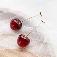 hot sale korean style sweet gold color fresh fruit red cherry drop earrings for women girls student party jewelry