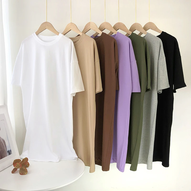 

Women Summer Casual Loose Solid Cotton T Shirt Dress Solid O Neck Oversize Mini Dress Batwing Short Sleeve Basic Dress Vestidos