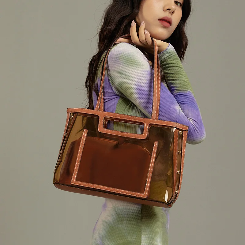 

Прозрачная Сумка-тоут FUNMARDI, Желейная Ретро сумка на плечо, большая сумка-шоппер, дизайнерская женская брендовая сумка с заклепками и выреза...