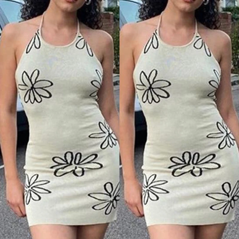 

Women's Print Halter Slim Dress With Backpack Hip Woolen Sling Strap White