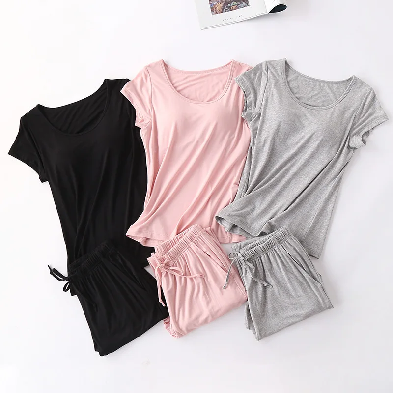 

Modal loose plus size home service lace-up cropped trousers five-finger cup with bra pad cup female short-sleeved suit