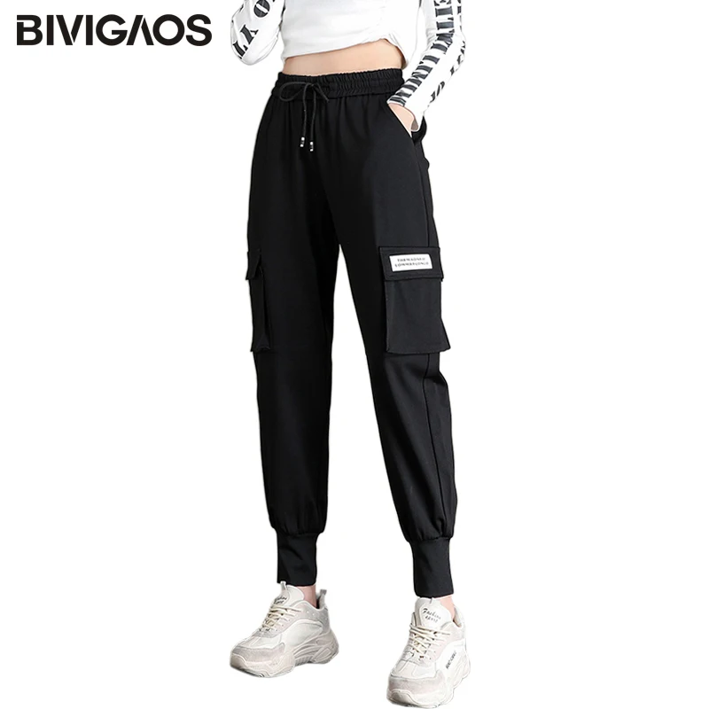 BIVIGAOS 2019 осенние Модный черные женские брюки карго свободные с высокой талией