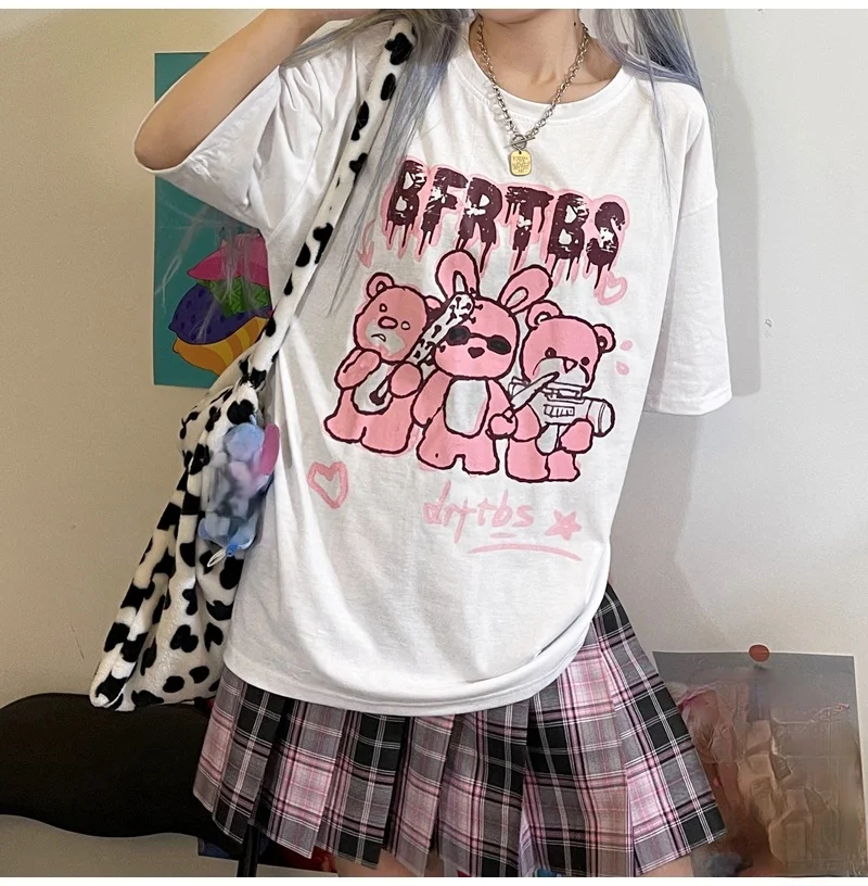 

Длинные хлопковые футболки в стиле панк, летняя женская футболка большого размера, готическая одежда, уличные белые топы с мультяшным рисун...