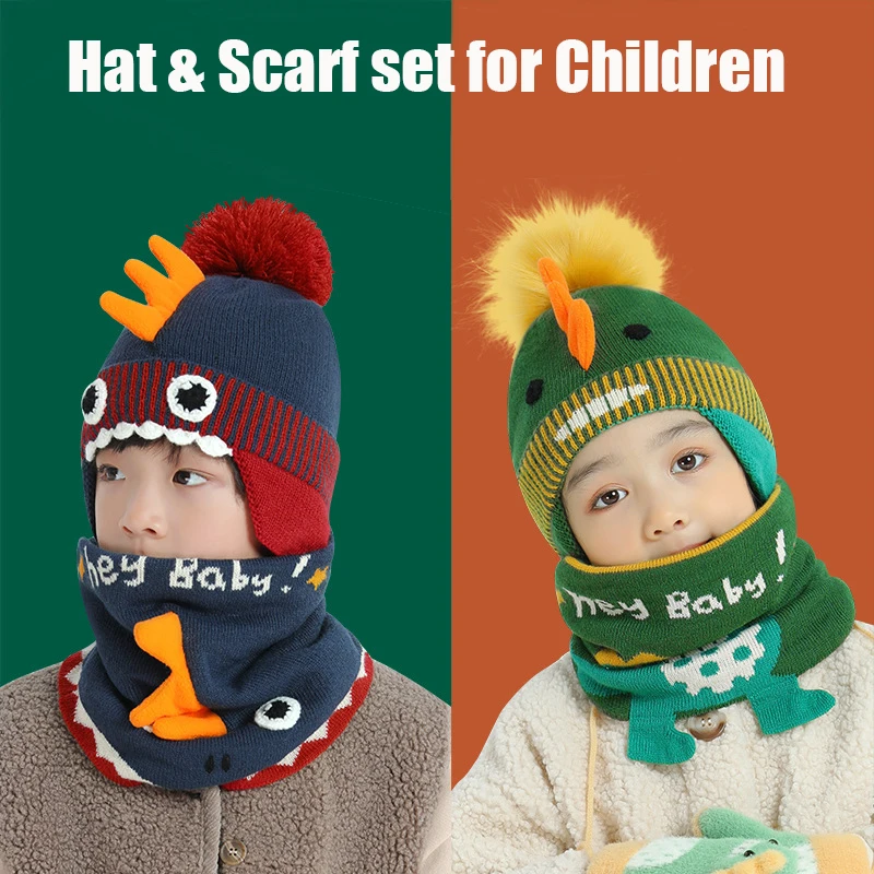 

Hat Scarf Set for Children Winter Kids Hat for Boys Girl Children's Snood Set for Girls Cartoon Bomber Cap Pompom Knitted Bonnet