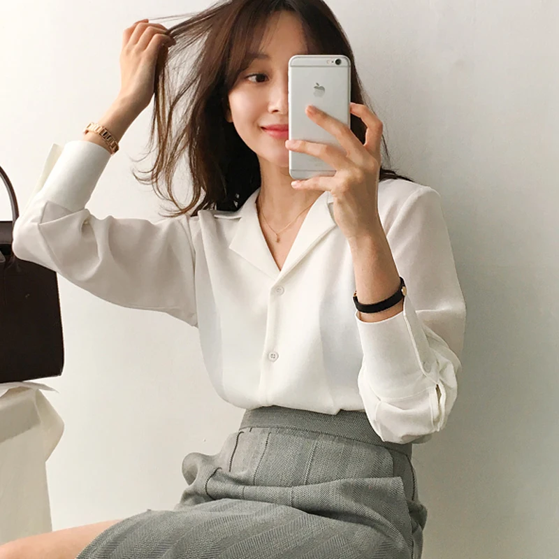 Блузка женская с длинным рукавом офисная белая шифоновая блузка рубашки женские