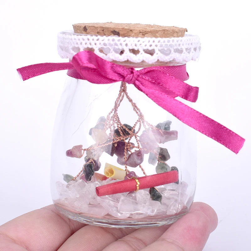 Glass Wishing Bottle with Natural Tumble Stone Crystal Healing MIni Bottles With Cork Stopper Cute Gift Home Decor |