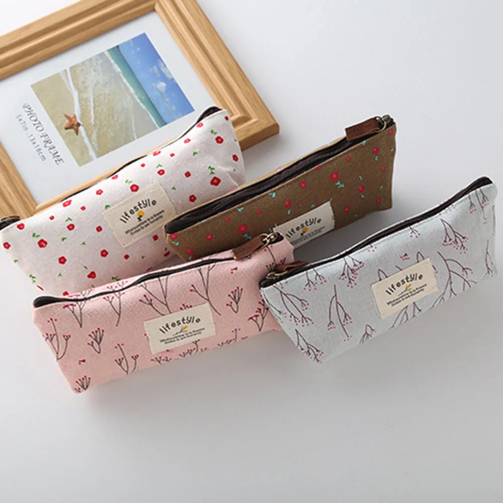 New Arrival Cute Kawaii Floral Flower Canvas Zipper Pencil Cases Lovely Fabric Tree Pen Bags School Office Supplies | Канцтовары для