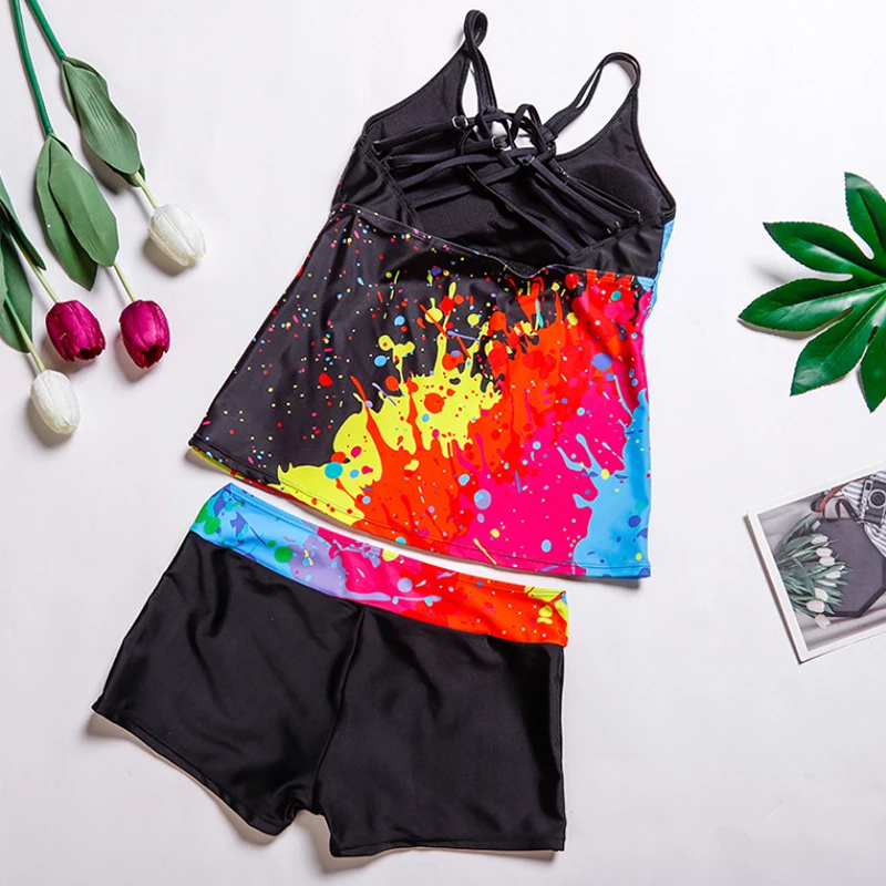 

Bathing Suit Women Bathsuit Swim Shorts Swimwear 2021 Summer Two Piece Tankini Set S-3XL Cover Belly Graffiti Swimsuit Plus Size