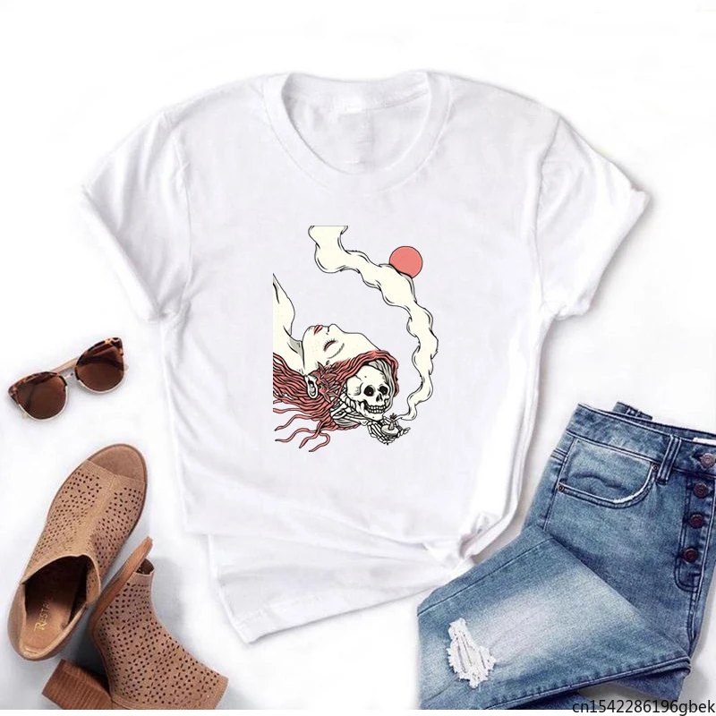 

skull Printed T-shirt Y2K Style Short Sleeve Kpop Oversized Girl Woman Round Neck