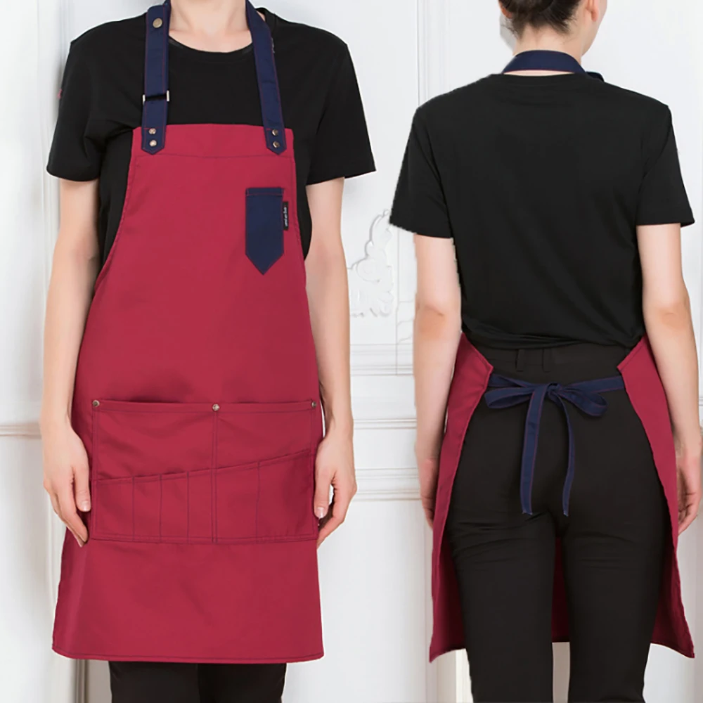 

Multi-pocke Waterproof Polyester Apron Woman Adult Bibs Home Cooking Baking Coffee Shop Cleaning Aprons Kitchen Accessory