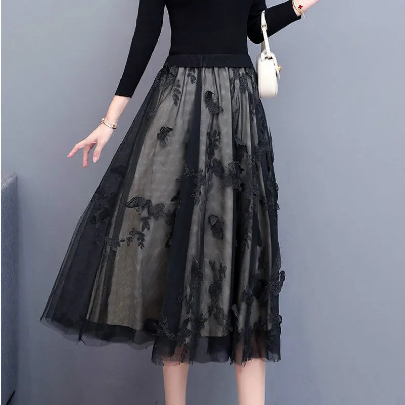 

2021 New Female Autumn and Winter Knitted Stitching Mesh Fake Two-piece Square Neck Temperament Thin Black Bottoming Dress