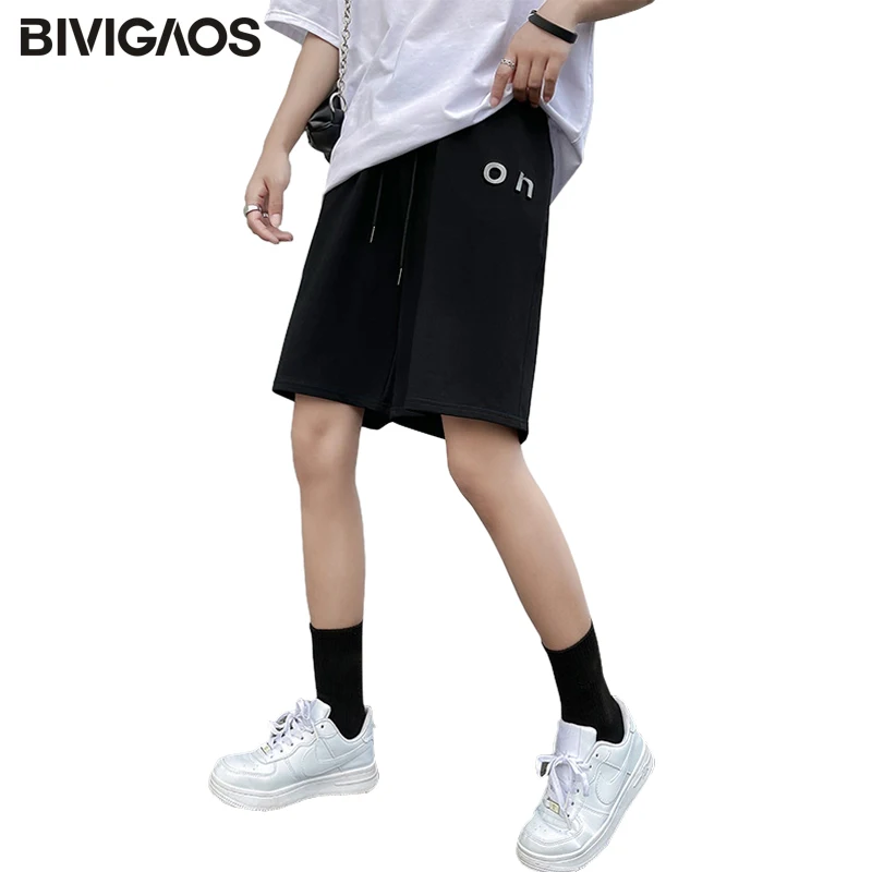 

BIVIGAOS 2021 Summer ON Letter Gray Sports Shorts Women Cotton Loose Running Straight Wide Leg Shorts Casual Short Sweatpants