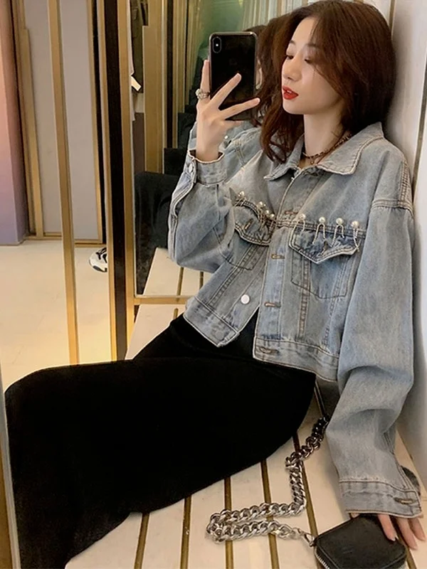 

Fashion Beading Denim Jacket Women Spring 2021 New Retro Loose Single Breasted Turndown Collar Tassel Jackets Coats