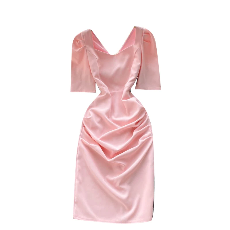 

2021 Summer New Fashion Temperament Vestidos Women's Square Neck Puff Sleeve Pleated Slim French Midi Dress DK1115