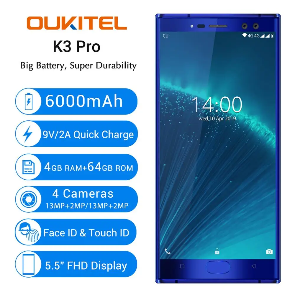 Смартфон OUKITEL K3 Pro 4 + 64 ГБ Android 9 0 Pie MT6763 восемь ядер 5 дюйма FHD 6000 мАч Face ID В/2 А быстрая