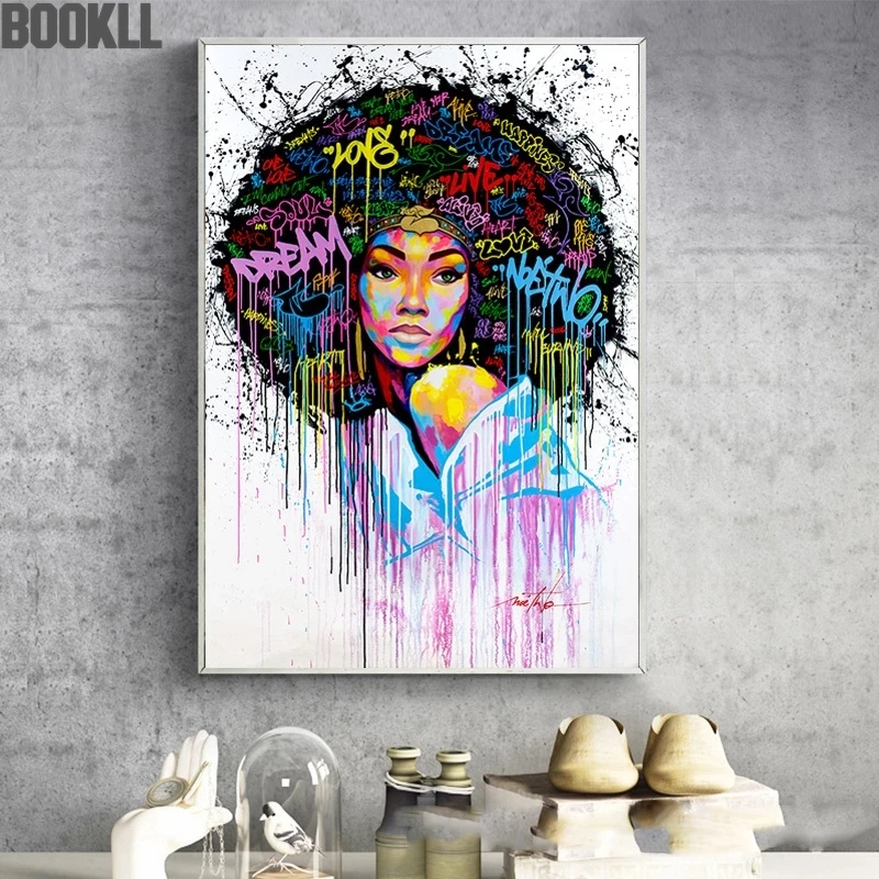 

Modern Graffiti Art Canvas Paintings Abstract African Girl Posters And Print Canvas Black Woman Cuadros Wall Pictures Home Decor