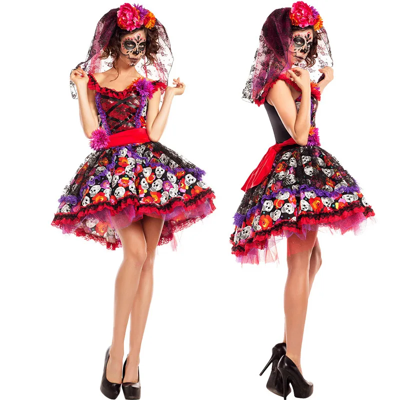 

Carnival Halloween Lady Corpse Bride Costume Day Of The Dead Horror Skull Bone Role Play Cosplay Fancy Party Dress