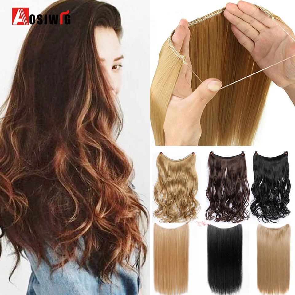 

AOSIWIG Women's Invisible Fish Line Clip in One Piece Hair Extension Natural Wavy Long High Temperature Synthetic Fake Hairpiece