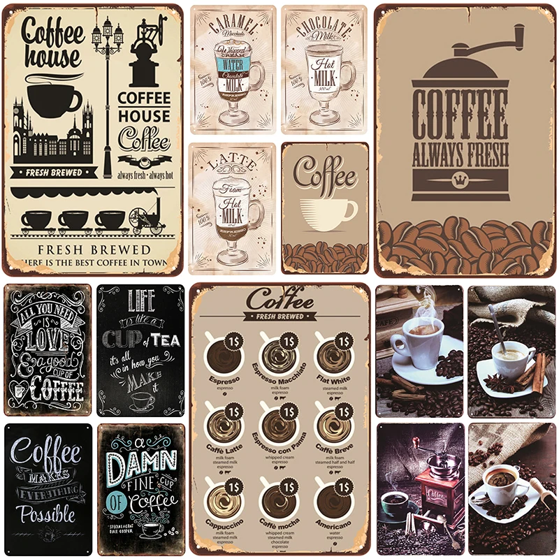 Латте горячий молочный кофе металлическая винтажная жестяная вывеска Настенный
