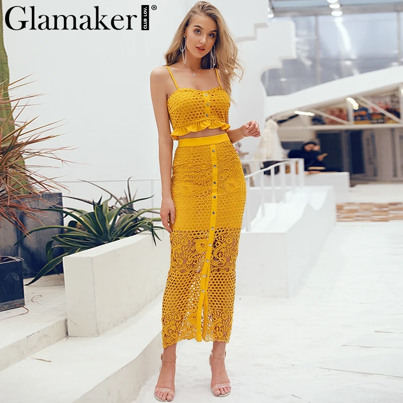 Женское ажурное платье Glamaker желтое длинное белое с оборками облегающее Макси