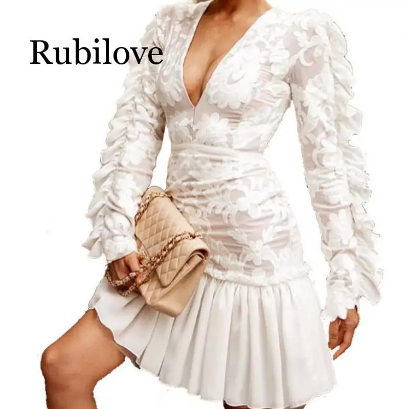 

Rubilove Vintage Women Petal Sleeve Lace Dress Elegant V-neck Ruffle Embroidery Dress Office Lady Floral Print High Waist Party